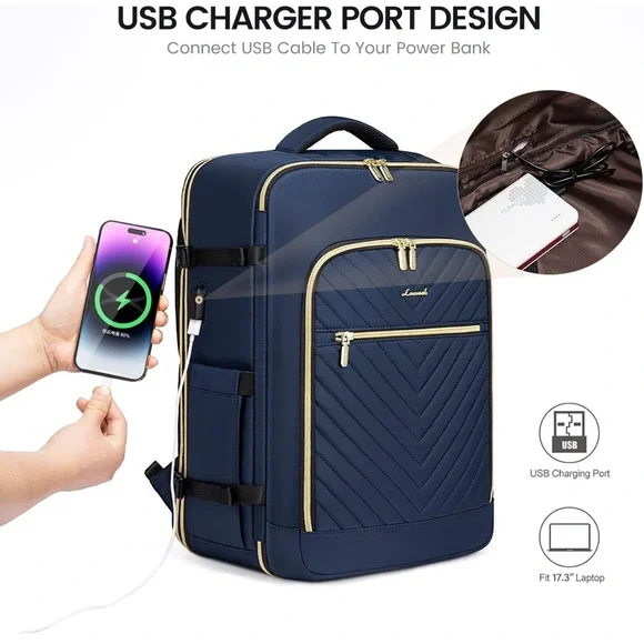 Multi-Pocket Travel Backpack - Navy & Gold - Picture 7 of 9